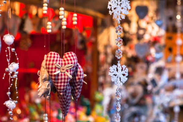 Image of Christmas hanging decorations at a market stall